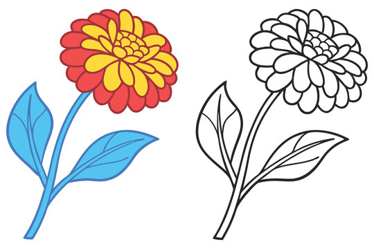 A vibrant colored flower and its outline drawing for coloring pages a beautiful illustration of nature