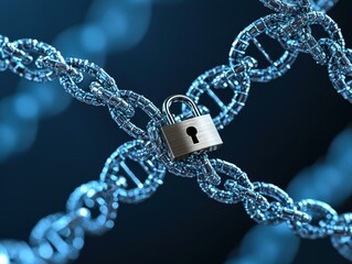 A digital illustration of a DNA strand secured with a padlock, symbolizing genetic security and privacy in biotechnology.