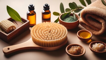 A wooden brush, body scrub, and essential oils arranged aesthetically.
