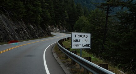 Winding Road Through Forest with Truck Lane Sign on Guardrail