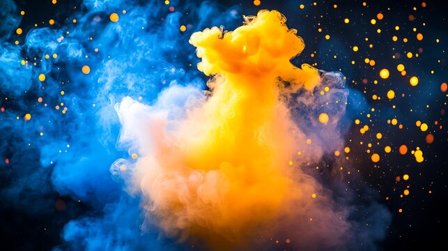 Colorful clouds of smoke with vibrant glowing golden particles