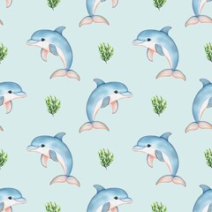A seamless watercolor glitter pattern featuring playful dolphins swimming among green seaweed on a light blue background. The dolphins are illustrated in a cute, cartoonish style.