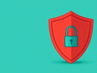 A vibrant red shield features a padlock, symbolizing security and protection against threats on a bright turquoise background.