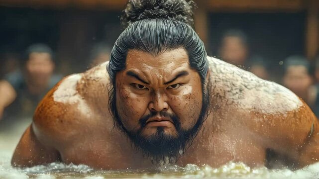 A sumo wrestler standing in a crowded arena, wearing a traditional orange robe, staring intensely at the camera before a match