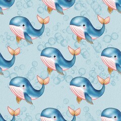 A whimsical watercolor glitter pattern featuring cute cartoon whales swimming against a light blue background with bubbles. The whales are blue with pink accents and have cheerful expressions.