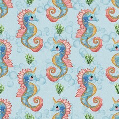 A whimsical watercolor glitter pattern featuring colorful seahorses with pink fins and blue bodies, surrounded by bubbles and green seaweed on a light blue background.