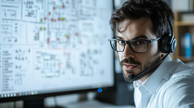 A logistics manager, wearing a headset, studies a detailed shipment report on his desktop, with a large whiteboard full of logistics flowcharts in the background.