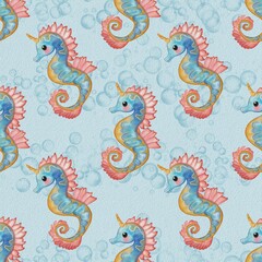 A whimsical watercolor glitter pattern featuring colorful seahorses with pink fins and blue bodies, set against a light blue background with bubbles.