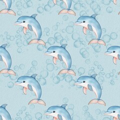 Obraz premium A playful watercolor glitter pattern featuring cartoon dolphins swimming among bubbles on a light blue background.