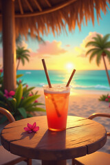 Fruit cocktail with a straw on a wooden table during a tropical beach sunset.
