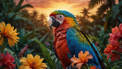 Obraz premium A tropical-themed portrait of a macaw surrounded by vibrant flowers, palm leaves, and a glowing sunset in the background.