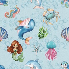 A whimsical watercolor glitter pattern featuring cute cartoon turtles and jellyfish on a light blue background. The turtles are smiling and have a colorful shell
