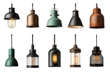 Collection of industrial style pendant lights, isolated , cut out transparent
