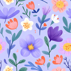 Happy flowers in seamless purple pattern illustrations