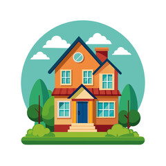 Fototapeta premium Colorful House Illustration, Suburban Home with Trees