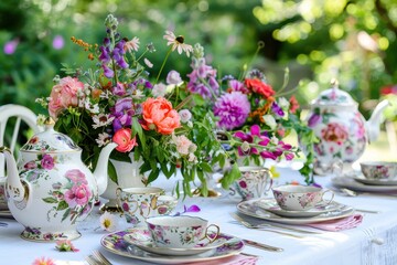Elegant outdoor tea setting with floral arrangements and vintage china in a lush garden during a sunny afternoon