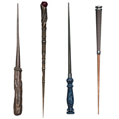 3D rendered collection of magic wands with different designs isolated on transparent background