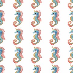 A seamless watercolor glitter pattern featuring colorful seahorses with blue bodies, pink fins, and golden horns, set against a white background.