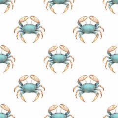 A seamless watercolor glitter pattern featuring illustrated blue crabs on a white background. The crabs are depicted with detailed features, showcasing their claws and body in a playful arrangement.