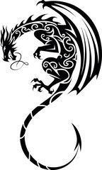 Vector image of a black winged dragon. Medieval winged monster. Knights hunter. Symbol of wisdom and force. Spirit of Celts. Black tribal tattoo.