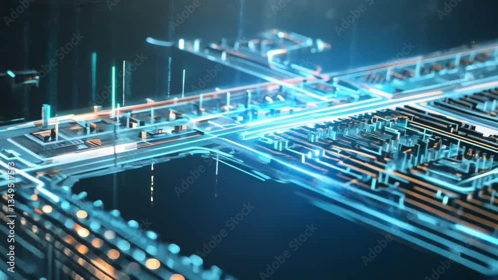 Poster Motherboard with chips transferring network signals. Circuit board concept with calculations on the chip blocks