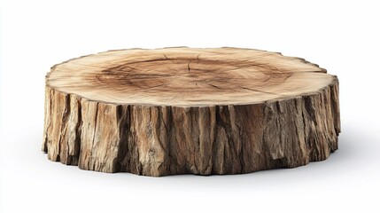Rustic wood slice display, studio shot, white background, product presentation