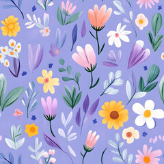 Happy flowers in seamless purple pattern illustrations