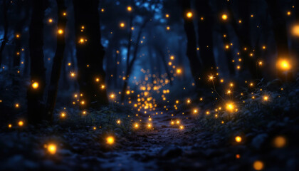 Naklejka premium Enchanted Forest Path: A Night of Fireflies