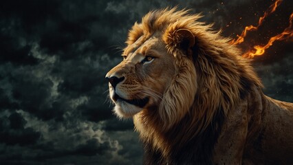 Naklejka premium A digital artwork of a lion made of golden flames, roaring with a background of a dark and stormy sky.