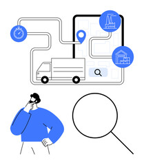 Fototapeta premium Truck on a digital map with route lines, location pin, and analysis magnifier. Ideal for cargo, delivery, logistics, supply chain, planning efficiency routing. Flat simple metaphor