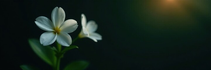 Fototapeta premium Small white flower on dark background with subtle light, glow, plant, white