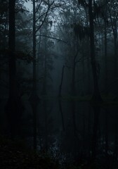 Fototapeta premium Misty Forest Path Dark Moody Atmosphere. AI Generated