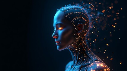 Digital Art Profile Portrait Woman Glowing Particles Cybernetic Futuristic Blue Tones Ethereal AI Human-Machine Interface Sci-Fi Aesthetic Neural Network