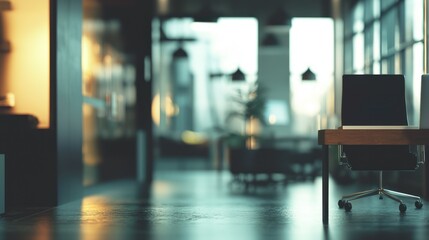 Obraz premium Modern Office Workspace: Laptop on Desk, Blurred Background