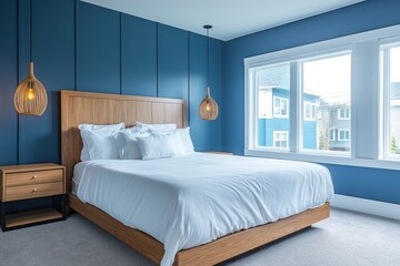 Modern bedroom with wooden bed, blue walls, and natural light.