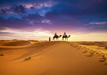 Camel caravan crossing golden desert dunes under vibrant sunset sky, creating dramatic shadows on rippled sand texture.