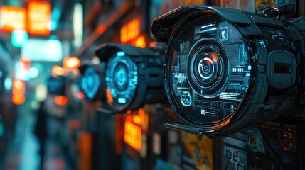 Futuristic surveillance cameras in a city