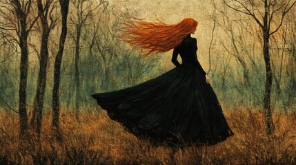 Enchanting Red-Haired Girl Walking Through Dark Forest