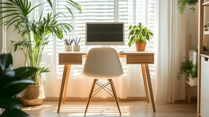 A bright and airy workspace featuring a wooden desk, ergonomic chair, indoor plants, and neutral colors, creating a perfect work-from-home environment. Great for productivity and lifestyle content.