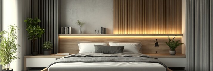 Modern bedroom with wooden headboard, grey bedding, and plants.