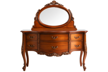 Antique wood vanity and mirror isolated, cut out transparent