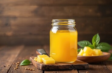 Ghee in glass jar on wooden table. Clarified butter, indian food ingredient, gold, yellow color. Dairy product, healthy organic nutrition. Traditional ayurveda diet. Food photography.