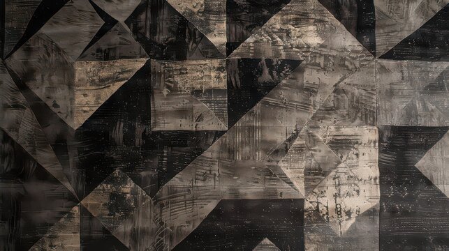 A rug featuring angular shapes and dark, metallic shades, evoking an industrial factory floor.