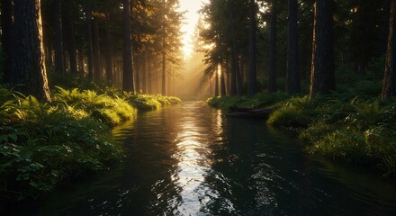 Fototapeta premium Golden sunlight illuminates tranquil forest stream peaceful scene. AI Generated