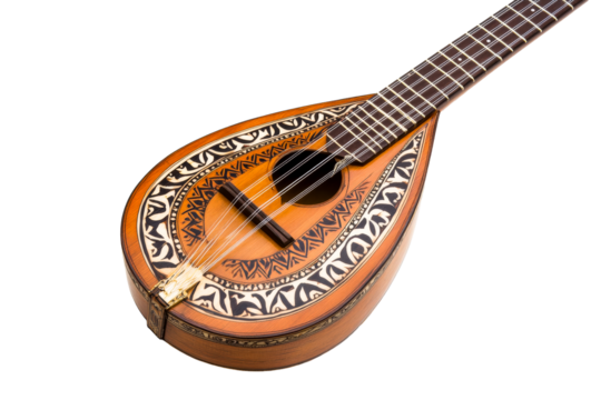 Decorated stringed instrument with sound hole, cut out transparent