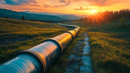 Pipeline Stretching Through Rural Landscape at Sunset for Energy Transportation
