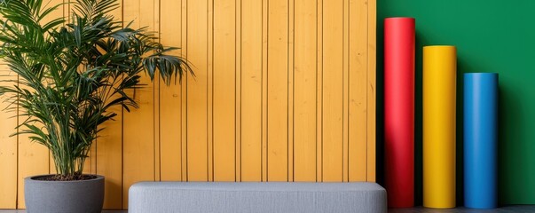 A vibrant indoor scene featuring a potted plant, colorful cylindrical decorations, and a sleek gray bench against a striking yellow and green backdrop.