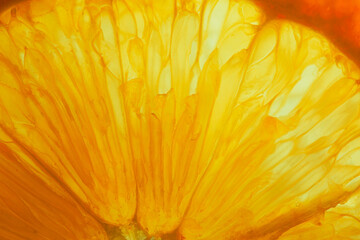 Macro orange texture,Orange slice with backlight, abstract macro photography orange fruit closeup background, citrus fruit texture