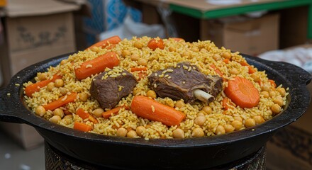 Obraz premium Preparing Large Pot of Pilaf with Meat and Vegetables