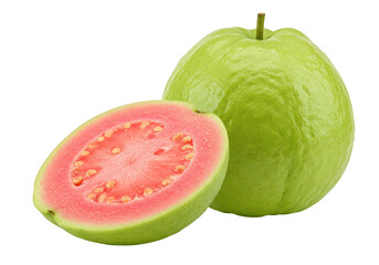 A whole fresh guava placed next to a half-cut guava isolated on transparent background